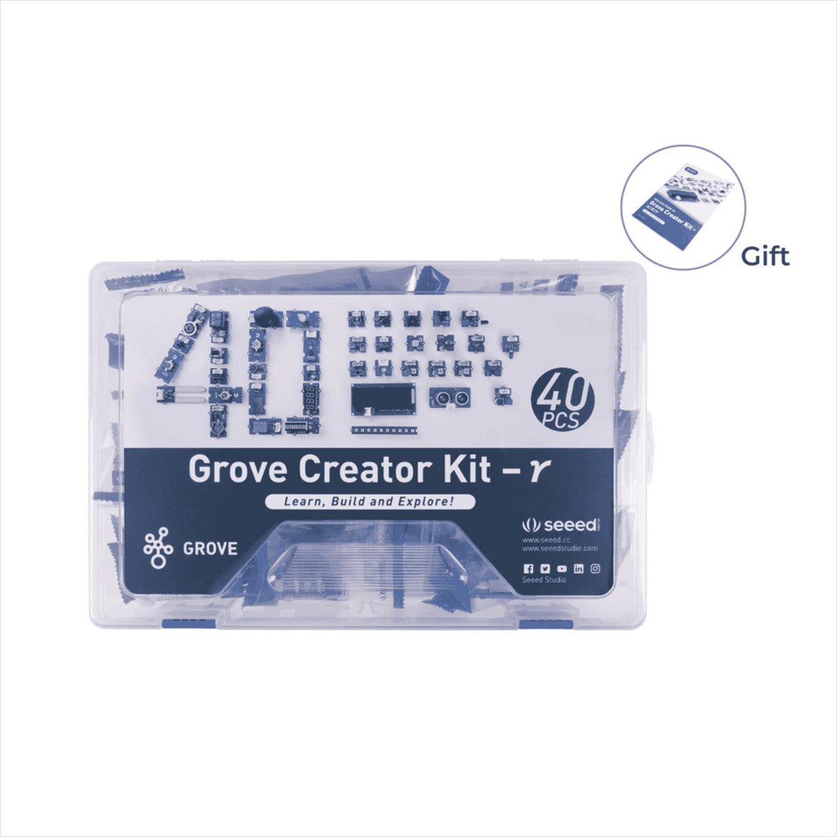 Grove Creator Kit - γ / 40 Modules Arduino Starter Kit
Grove Creator Kit - γ / Arduino Starter Kit
Contains 5 actuators, 10 analog inputs, 4 displays, LEDs, and sensors
Offers 40 Grove functional modules
Provides spec