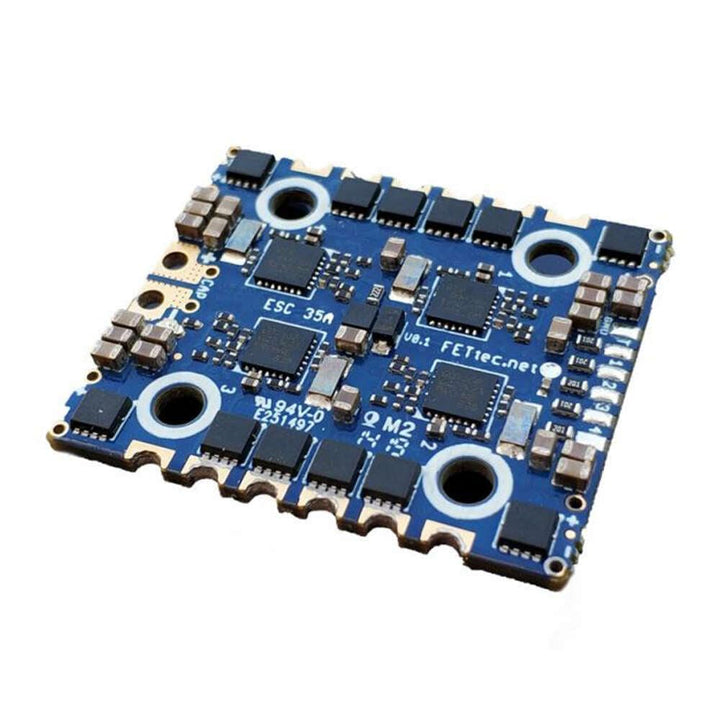 FETTEC ESC 4IN1 3-6S 35A V1.1FEATURES

Active current limiting @ 35A
Input voltage: 3S-6S
High quality 40V MOSFETs
STM32G071 @ 64MHz
128 kHz Motor PWM
Full sine wave control
Soldering holes for 
