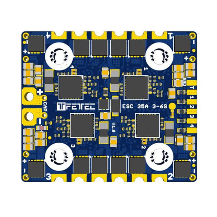 FETTEC ESC 4IN1 3-6S 35A V1.1FEATURES

Active current limiting @ 35A
Input voltage: 3S-6S
High quality 40V MOSFETs
STM32G071 @ 64MHz
128 kHz Motor PWM
Full sine wave control
Soldering holes for 