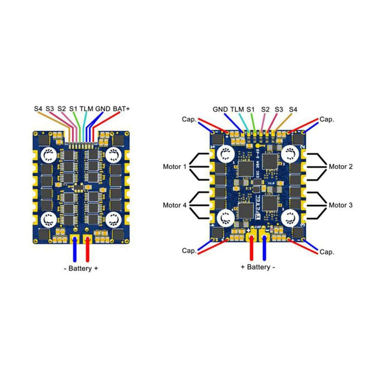 FETTEC ESC 4IN1 3-6S 35A V1.1FEATURES

Active current limiting @ 35A
Input voltage: 3S-6S
High quality 40V MOSFETs
STM32G071 @ 64MHz
128 kHz Motor PWM
Full sine wave control
Soldering holes for 