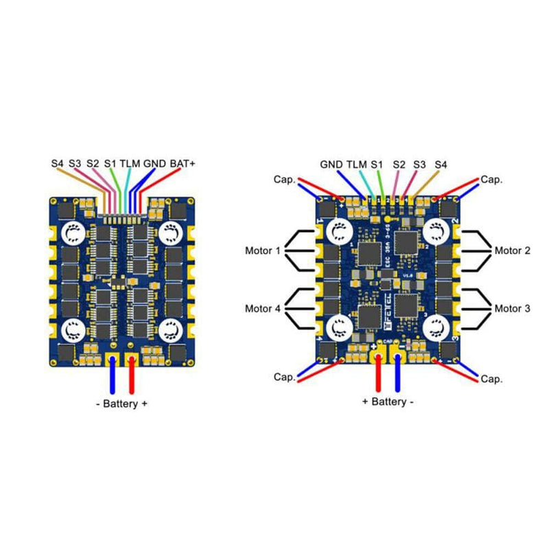 FETTEC ESC 4IN1 3-6S 35A V1.1FEATURES

Active current limiting @ 35A
Input voltage: 3S-6S
High quality 40V MOSFETs
STM32G071 @ 64MHz
128 kHz Motor PWM
Full sine wave control
Soldering holes for 