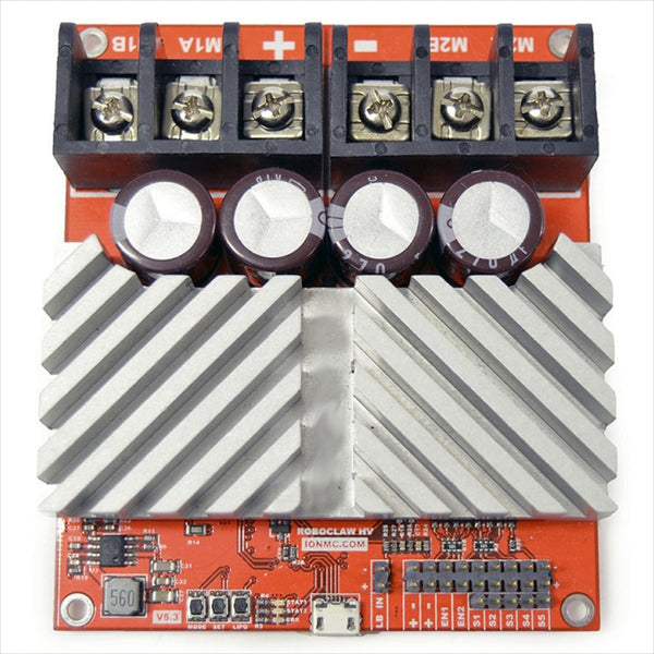 RoboClaw 2x60AHV, 60VDC Regenerative Motor Controller
Dual channel synchronous motor controller
2 channels at 60A each, 120A peak
Dual quadrature encoders with up to 19.6 million PPS
Serial, RC or Analog control

